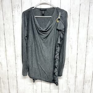 INC Concept Women Size PL Grey 100% Cotton Draper Long Sleeve Ruffled